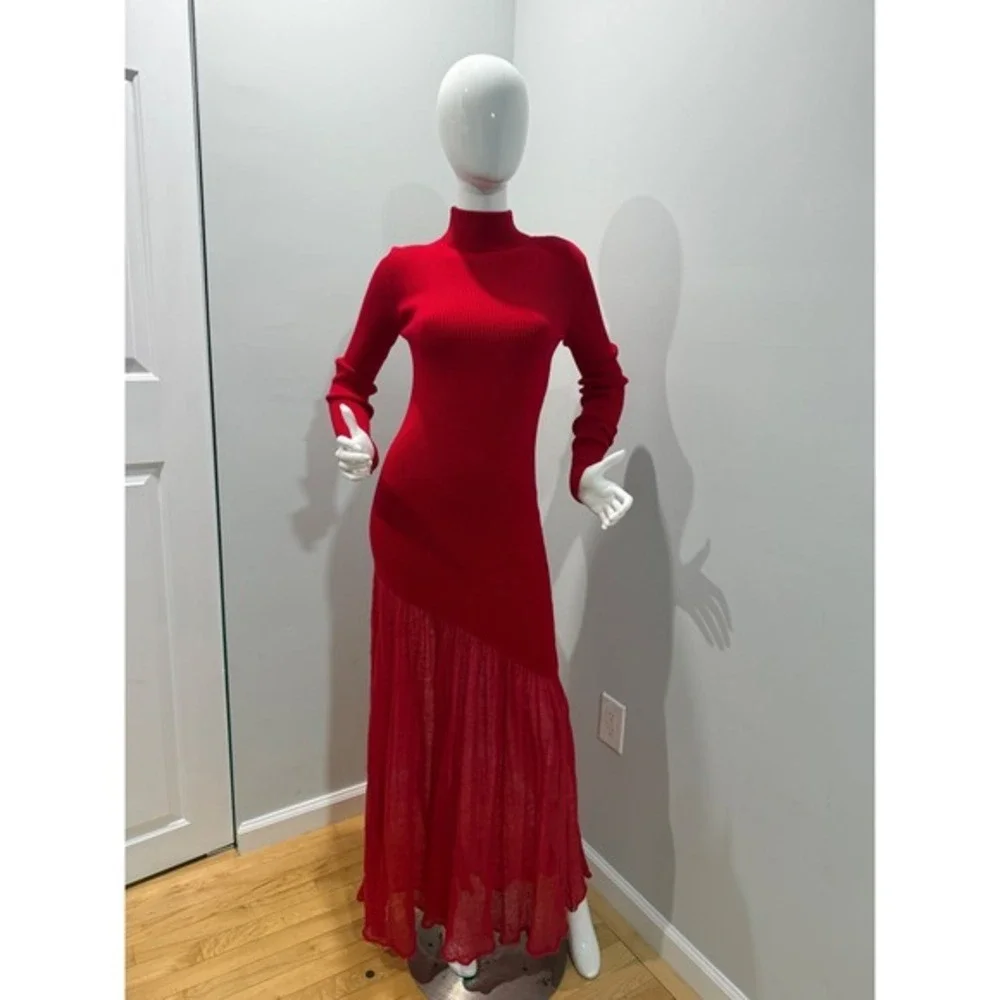 Commense Red‎ Knit Maxi Dress Turtleneck Long Sleeve Evening Cocktail Dress